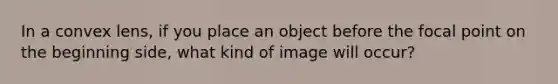 In a convex lens, if you place an object before the focal point on the beginning side, what kind of image will occur?