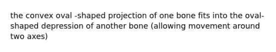 the convex oval -shaped projection of one bone fits into the oval- shaped depression of another bone (allowing movement around two axes)