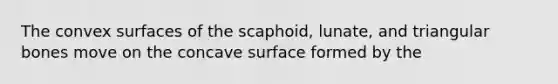 The convex surfaces of the scaphoid, lunate, and triangular bones move on the concave surface formed by the