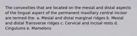 The convexities that are located on the mesial and distal aspects of the lingual aspect of the permanent maxillary central incisor are termed the: a. Mesial and distal marginal ridges b. Mesial and distal Transverse ridges c. Cervical and incisal rests d. Cingulums e. Mamelons