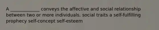 A _____________ conveys the affective and social relationship between two or more individuals. social traits a self-fulfilling prophecy self-concept self-esteem