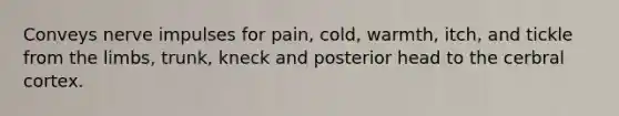 Conveys nerve impulses for pain, cold, warmth, itch, and tickle from the limbs, trunk, kneck and posterior head to the cerbral cortex.