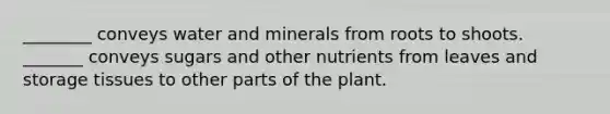 ________ conveys water and minerals from roots to shoots. _______ conveys sugars and other nutrients from leaves and storage tissues to other parts of the plant.