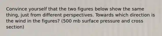 Convince yourself that the two figures below show the same thing, just from different perspectives. Towards which direction is the wind in the figures? (500 mb surface pressure and cross section)