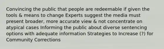 Convincing the public that people are redeemable if given the tools & means to change Experts suggest the media must present broader, more accurate view & not concentrate on atypical cases Informing the public about diverse sentencing options with adequate information Strategies to Increase (?) for Community Corrections