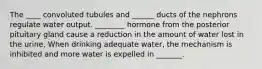 The ____ convoluted tubules and ______ ducts of the nephrons regulate water output. ________ hormone from the posterior pituitary gland cause a reduction in the amount of water lost in the urine, When drinking adequate water, the mechanism is inhibited and more water is expelled in _______.