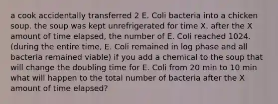 a cook accidentally transferred 2 E. Coli bacteria into a chicken soup. the soup was kept unrefrigerated for time X. after the X amount of time elapsed, the number of E. Coli reached 1024. (during the entire time, E. Coli remained in log phase and all bacteria remained viable) if you add a chemical to the soup that will change the doubling time for E. Coli from 20 min to 10 min what will happen to the total number of bacteria after the X amount of time elapsed?