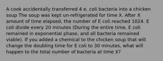 A cook accidentally transferred 4 e. coli bacteria into a chicken soup The soup was kept un-refrigerated for time X. After X amount of time elapsed, the number of E coli reached 1024. E coli divide every 20 minutes (During the entire time, E coli remained in exponential phase, and all bacteria remained viable). If you added a chemical to the chicken soup that will change the doubling time for E coli to 30 minutes, what will happen to the total number of bacteria at time X?