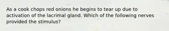 As a cook chops red onions he begins to tear up due to activation of the lacrimal gland. Which of the following nerves provided the stimulus?