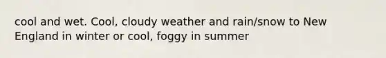 cool and wet. Cool, cloudy weather and rain/snow to New England in winter or cool, foggy in summer