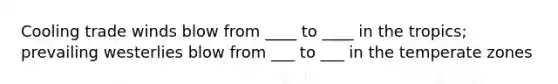 Cooling trade winds blow from ____ to ____ in the tropics; prevailing westerlies blow from ___ to ___ in the temperate zones