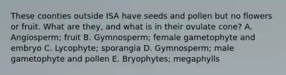 These coonties outside ISA have seeds and pollen but no flowers or fruit. What are they, and what is in their ovulate cone? A. Angiosperm; fruit B. Gymnosperm; female gametophyte and embryo C. Lycophyte; sporangia D. Gymnosperm; male gametophyte and pollen E. Bryophytes; megaphylls