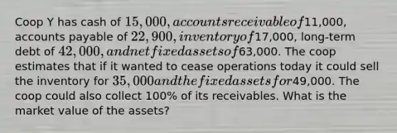 Coop Y has cash of 15,000, accounts receivable of11,000, accounts payable of 22,900, inventory of17,000, long-term debt of 42,000, and net fixed assets of63,000. The coop estimates that if it wanted to cease operations today it could sell the inventory for 35,000 and the fixed assets for49,000. The coop could also collect 100% of its receivables. What is the market value of the assets?