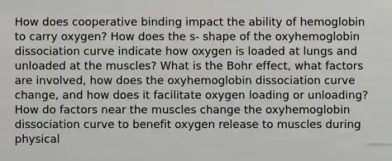 How does cooperative binding impact the ability of hemoglobin to carry oxygen? How does the s- shape of the oxyhemoglobin dissociation curve indicate how oxygen is loaded at lungs and unloaded at the muscles? What is the Bohr effect, what factors are involved, how does the oxyhemoglobin dissociation curve change, and how does it facilitate oxygen loading or unloading? How do factors near the muscles change the oxyhemoglobin dissociation curve to benefit oxygen release to muscles during physical