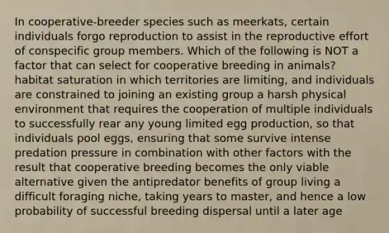 In cooperative-breeder species such as meerkats, certain individuals forgo reproduction to assist in the reproductive effort of conspecific group members. Which of the following is NOT a factor that can select for cooperative breeding in animals? habitat saturation in which territories are limiting, and individuals are constrained to joining an existing group a harsh physical environment that requires the cooperation of multiple individuals to successfully rear any young limited egg production, so that individuals pool eggs, ensuring that some survive intense predation pressure in combination with other factors with the result that cooperative breeding becomes the only viable alternative given the antipredator benefits of group living a difficult foraging niche, taking years to master, and hence a low probability of successful breeding dispersal until a later age