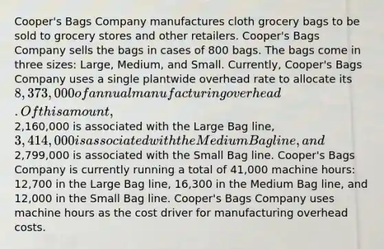 Cooper's Bags Company manufactures cloth grocery bags to be sold to grocery stores and other retailers. Cooper's Bags Company sells the bags in cases of 800 bags. The bags come in three sizes: Large, Medium, and Small. Currently, Cooper's Bags Company uses a single plantwide overhead rate to allocate its 8,373,000 of annual manufacturing overhead. Of this amount,2,160,000 is associated with the Large Bag line, 3,414,000 is associated with the Medium Bag line, and2,799,000 is associated with the Small Bag line. Cooper's Bags Company is currently running a total of 41,000 machine hours: 12,700 in the Large Bag line, 16,300 in the Medium Bag line, and 12,000 in the Small Bag line. Cooper's Bags Company uses machine hours as the cost driver for manufacturing overhead costs.