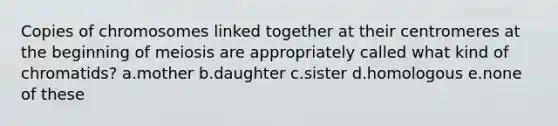 Copies of chromosomes linked together at their centromeres at the beginning of meiosis are appropriately called what kind of chromatids? a.mother b.daughter c.sister d.homologous e.none of these