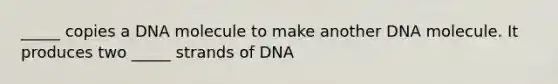 _____ copies a DNA molecule to make another DNA molecule. It produces two _____ strands of DNA