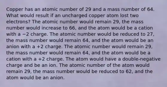 Copper has an atomic number of 29 and a mass number of 64. What would result if an uncharged copper atom lost two electrons? The atomic number would remain 29, the mass number would increase to 66, and the atom would be a cation with a −2 charge. The atomic number would be reduced to 27, the mass number would remain 64, and the atom would be an anion with a +2 charge. The atomic number would remain 29, the mass number would remain 64, and the atom would be a cation with a +2 charge. The atom would have a double-negative charge and be an ion. The atomic number of the atom would remain 29, the mass number would be reduced to 62, and the atom would be an anion.