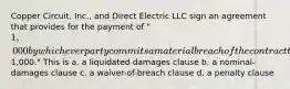 Copper Circuit, Inc., and Direct Electric LLC sign an agreement that provides for the payment of "1,000 by whichever party commits a material breach of the contract that creates damages difficult to estimate but approximately1,000." This is a. a liquidated damages clause b. a nominal-damages clause c. a waiver-of-breach clause d. a penalty clause