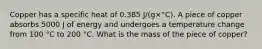 Copper has a specific heat of 0.385 J/(g×°C). A piece of copper absorbs 5000 J of energy and undergoes a temperature change from 100 °C to 200 °C. What is the mass of the piece of copper?