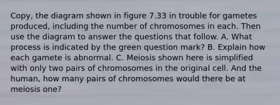 Copy, the diagram shown in figure 7.33 in trouble for gametes produced, including the number of chromosomes in each. Then use the diagram to answer the questions that follow. A. What process is indicated by the green question mark? B. Explain how each gamete is abnormal. C. Meiosis shown here is simplified with only two pairs of chromosomes in the original cell. And the human, how many pairs of chromosomes would there be at meiosis one?