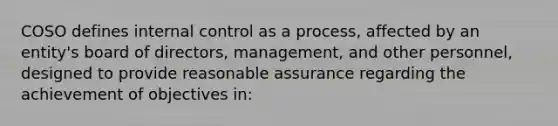 COSO defines internal control as a process, affected by an entity's board of directors, management, and other personnel, designed to provide reasonable assurance regarding the achievement of objectives in: