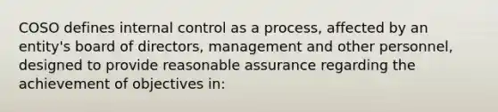 COSO defines internal control as a process, affected by an entity's board of directors, management and other personnel, designed to provide reasonable assurance regarding the achievement of objectives in: