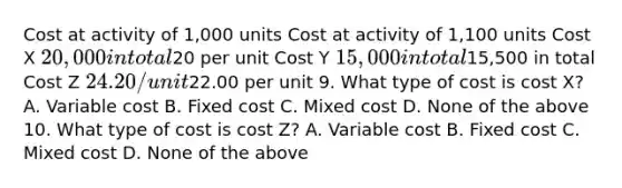 Cost at activity of 1,000 units Cost at activity of 1,100 units Cost X 20,000 in total20 per unit Cost Y 15,000 in total15,500 in total Cost Z 24.20/unit22.00 per unit 9. What type of cost is cost X? A. Variable cost B. Fixed cost C. Mixed cost D. None of the above 10. What type of cost is cost Z? A. Variable cost B. Fixed cost C. Mixed cost D. None of the above