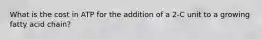 What is the cost in ATP for the addition of a 2-C unit to a growing fatty acid chain?