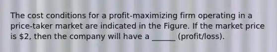 The cost conditions for a profit-maximizing firm operating in a price-taker market are indicated in the Figure. If the market price is 2, then the company will have a ______ (profit/loss).