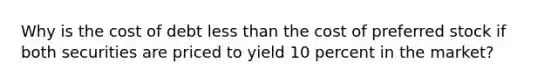 Why is the cost of debt less than the cost of preferred stock if both securities are priced to yield 10 percent in the market?