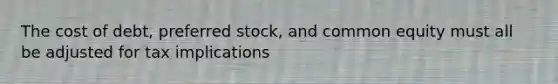 The cost of debt, preferred stock, and common equity must all be adjusted for tax implications