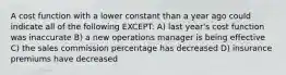 A cost function with a lower constant than a year ago could indicate all of the following EXCEPT: A) last year's cost function was inaccurate B) a new operations manager is being effective C) the sales commission percentage has decreased D) insurance premiums have decreased