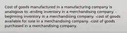 Cost of goods manufactured in a manufacturing company is analogous to -ending inventory in a merchandising company. -beginning inventory in a merchandising company. -cost of goods available for sale in a merchandising company. -cost of goods purchased in a merchandising company.