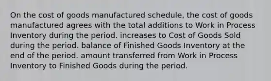 On <a href='https://www.questionai.com/knowledge/kDmg0g8eOa-the-cost-of-goods-manufactured-schedule' class='anchor-knowledge'>the cost of goods manufactured schedule</a>, the cost of goods manufactured agrees with the total additions to Work in Process Inventory during the period. increases to Cost of Goods Sold during the period. balance of Finished Goods Inventory at the end of the period. amount transferred from Work in Process Inventory to Finished Goods during the period.