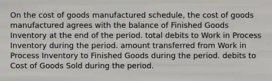 On the cost of goods manufactured schedule, the cost of goods manufactured agrees with the balance of Finished Goods Inventory at the end of the period. total debits to Work in Process Inventory during the period. amount transferred from Work in Process Inventory to Finished Goods during the period. debits to Cost of Goods Sold during the period.