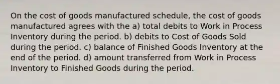 On the cost of goods manufactured schedule, the cost of goods manufactured agrees with the a) total debits to Work in Process Inventory during the period. b) debits to Cost of Goods Sold during the period. c) balance of Finished Goods Inventory at the end of the period. d) amount transferred from Work in Process Inventory to Finished Goods during the period.