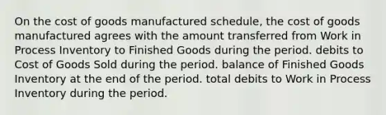 On the cost of goods manufactured schedule, the cost of goods manufactured agrees with the amount transferred from Work in Process Inventory to Finished Goods during the period. debits to Cost of Goods Sold during the period. balance of Finished Goods Inventory at the end of the period. total debits to Work in Process Inventory during the period.