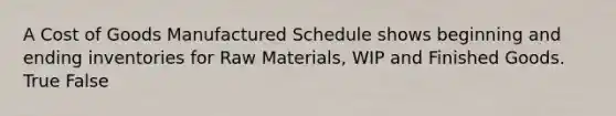 A Cost of Goods Manufactured Schedule shows beginning and ending inventories for Raw Materials, WIP and Finished Goods. True False