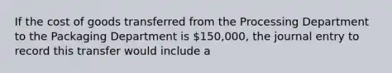 If the cost of goods transferred from the Processing Department to the Packaging Department is 150,000, the journal entry to record this transfer would include a