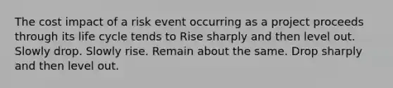 The cost impact of a risk event occurring as a project proceeds through its life cycle tends to Rise sharply and then level out. Slowly drop. Slowly rise. Remain about the same. Drop sharply and then level out.