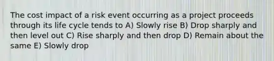 The cost impact of a risk event occurring as a project proceeds through its life cycle tends to A) Slowly rise B) Drop sharply and then level out C) Rise sharply and then drop D) Remain about the same E) Slowly drop