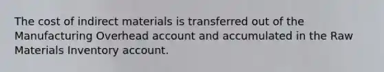 The cost of indirect materials is transferred out of the Manufacturing Overhead account and accumulated in the Raw Materials Inventory account.