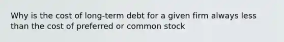 Why is the cost of long-term debt for a given firm always less than the cost of preferred or common stock