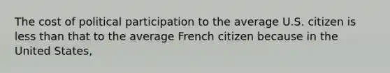 The cost of political participation to the average U.S. citizen is less than that to the average French citizen because in the United States,