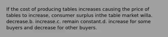 If the cost of producing tables increases causing the price of tables to increase, consumer surplus inthe table market willa. decrease.b. increase.c. remain constant.d. increase for some buyers and decrease for other buyers.