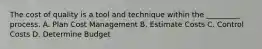 The cost of quality is a tool and technique within the _________ process. A. Plan Cost Management B. Estimate Costs C. Control Costs D. Determine Budget