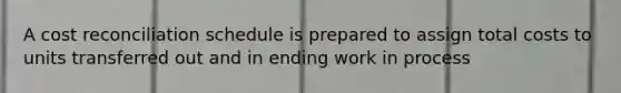 A cost reconciliation schedule is prepared to assign total costs to units transferred out and in ending work in process