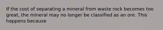 If the cost of separating a mineral from waste rock becomes too great, the mineral may no longer be classified as an ore. This happens because